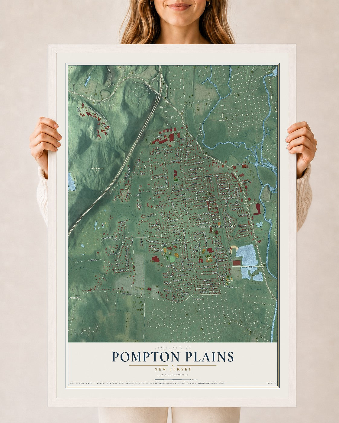 Pompton Plains, New Jersey map print, 24" x 36" W/ White Ayous Wood Frame mockup