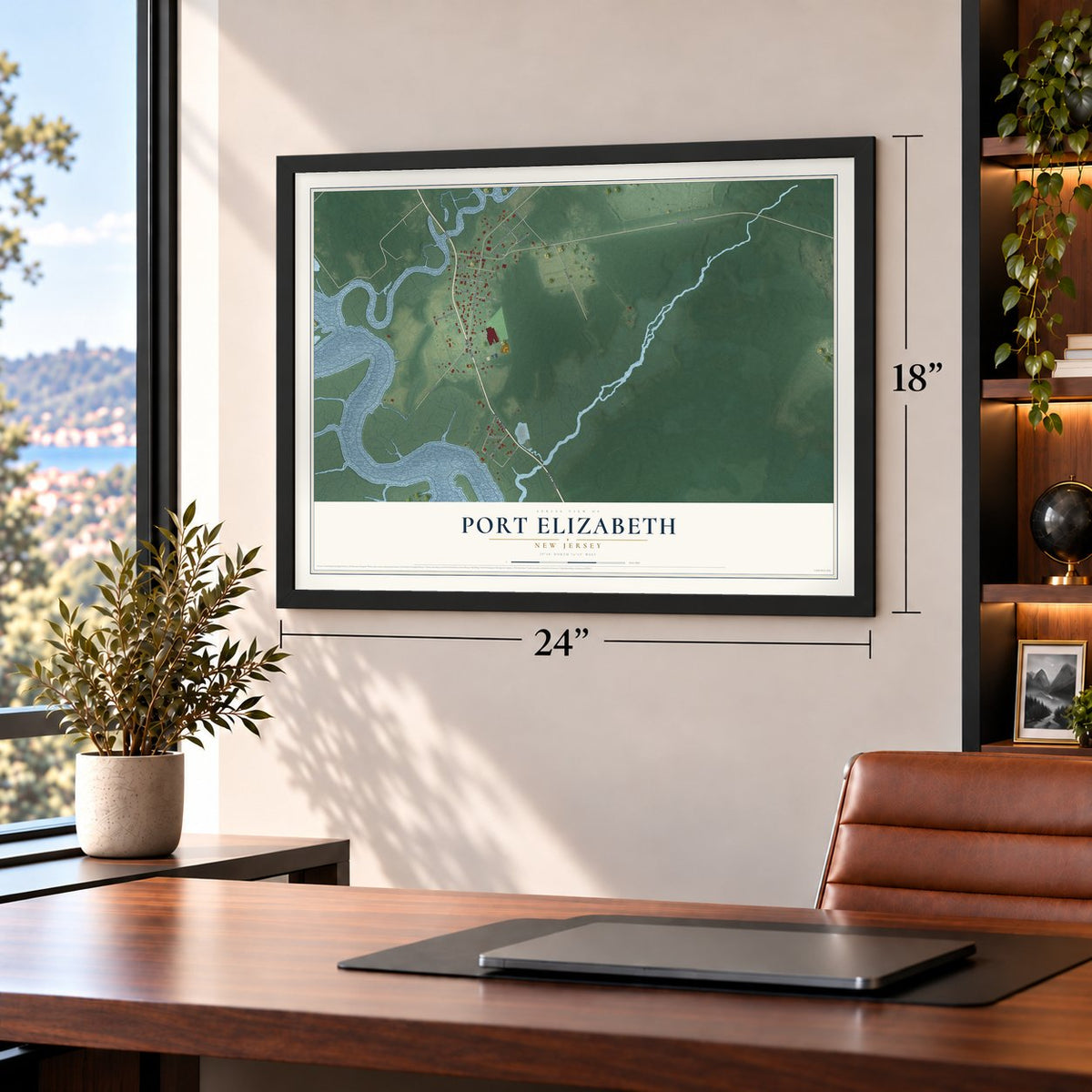 Port Elizabeth, New Jersey map, 18 x 24 inch print in a black frame in a home office