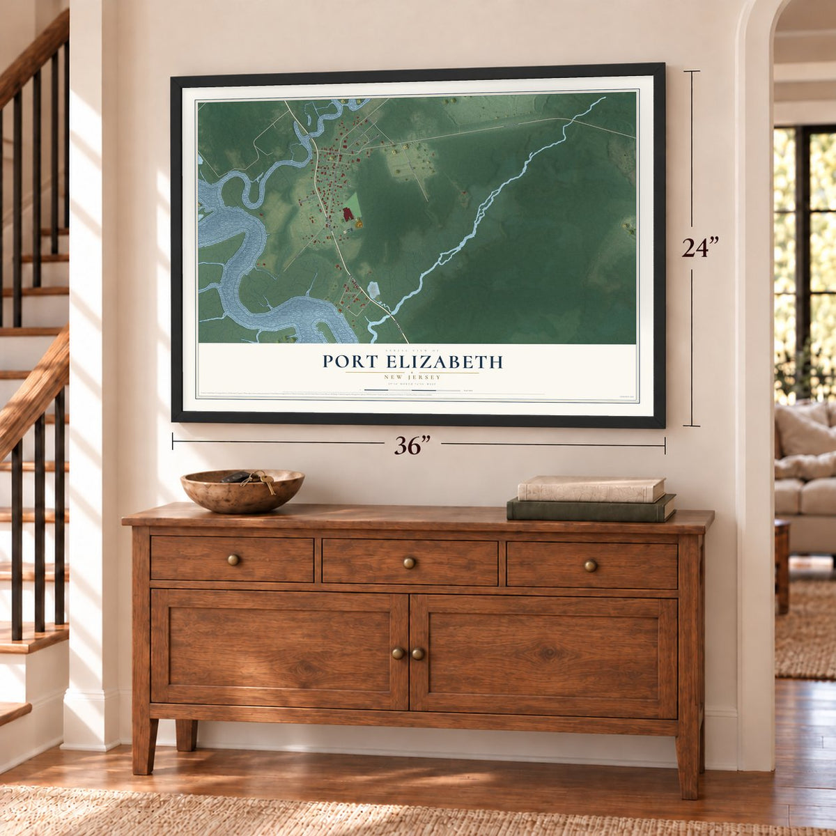 Port Elizabeth, New Jersey map, 24 x 36 inch print in a black frame above a dresser by a staircase