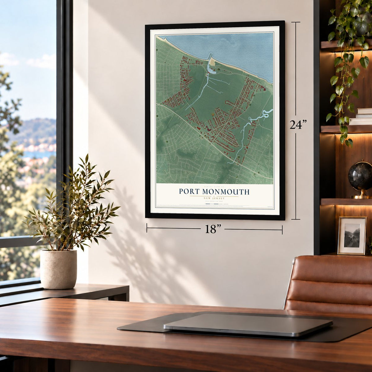 Port Monmouth, New Jersey map, 18 x 24 inch print in a black frame in a home office