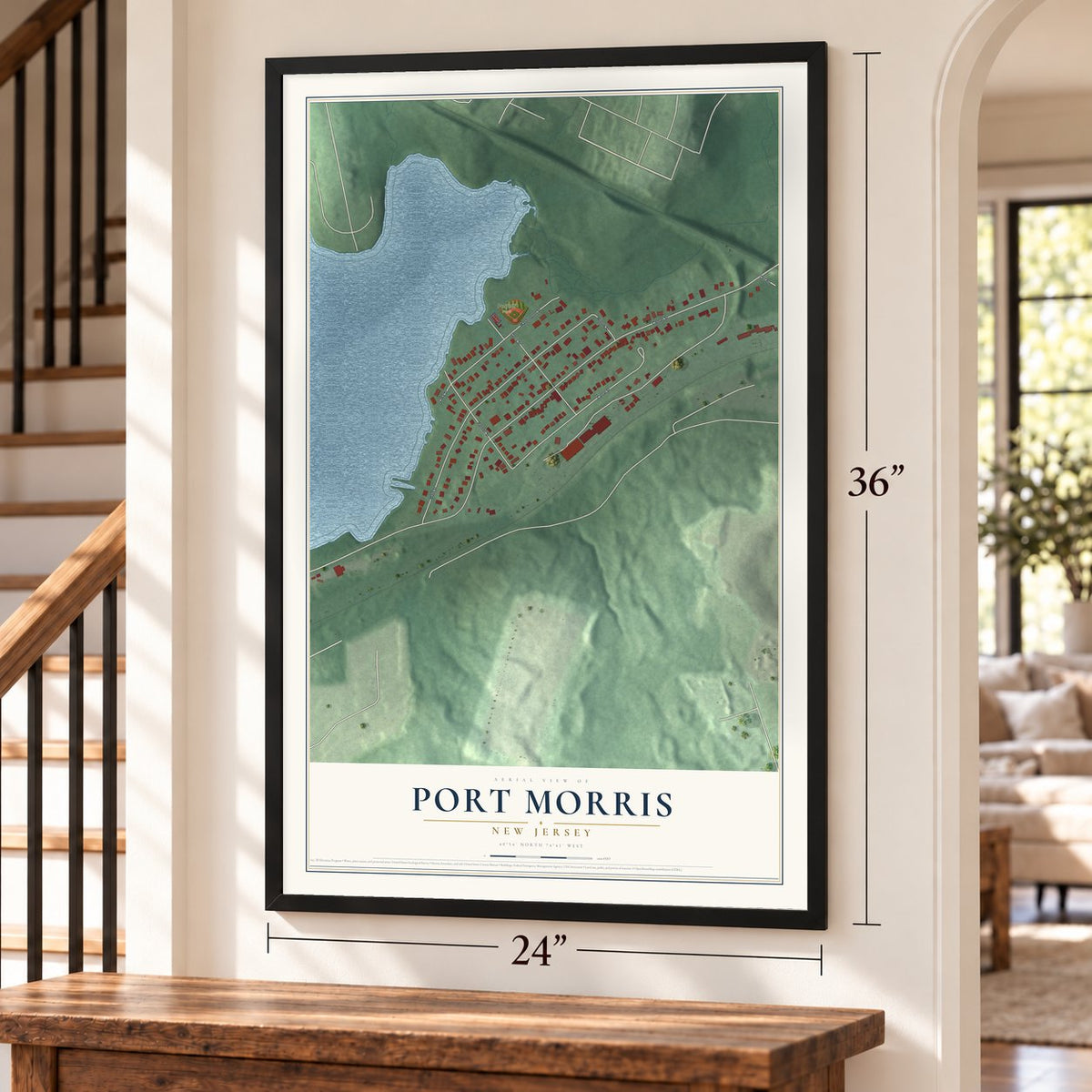 Port Morris, New Jersey map, 24 x 36 inch print in a black frame by a staircase