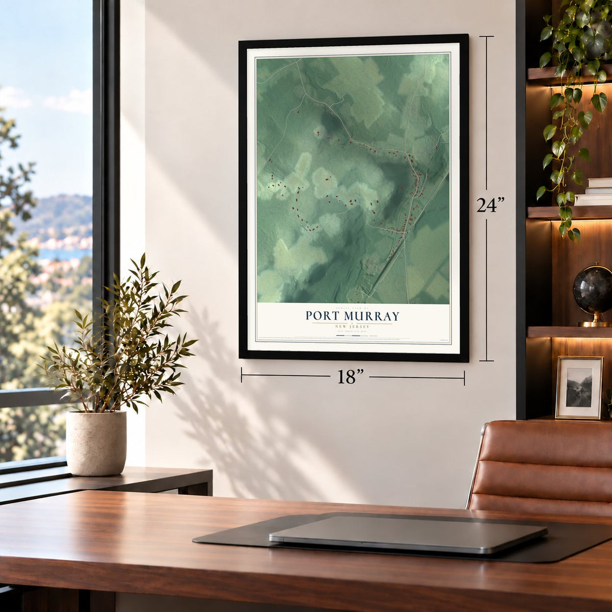Port Murray, New Jersey map, 18 x 24 inch print in a black frame in a home office