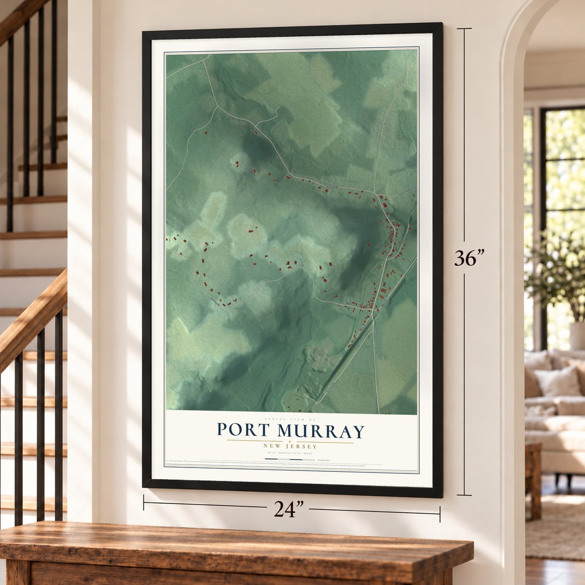 Port Murray, New Jersey map, 24 x 36 inch print in a black frame by a staircase