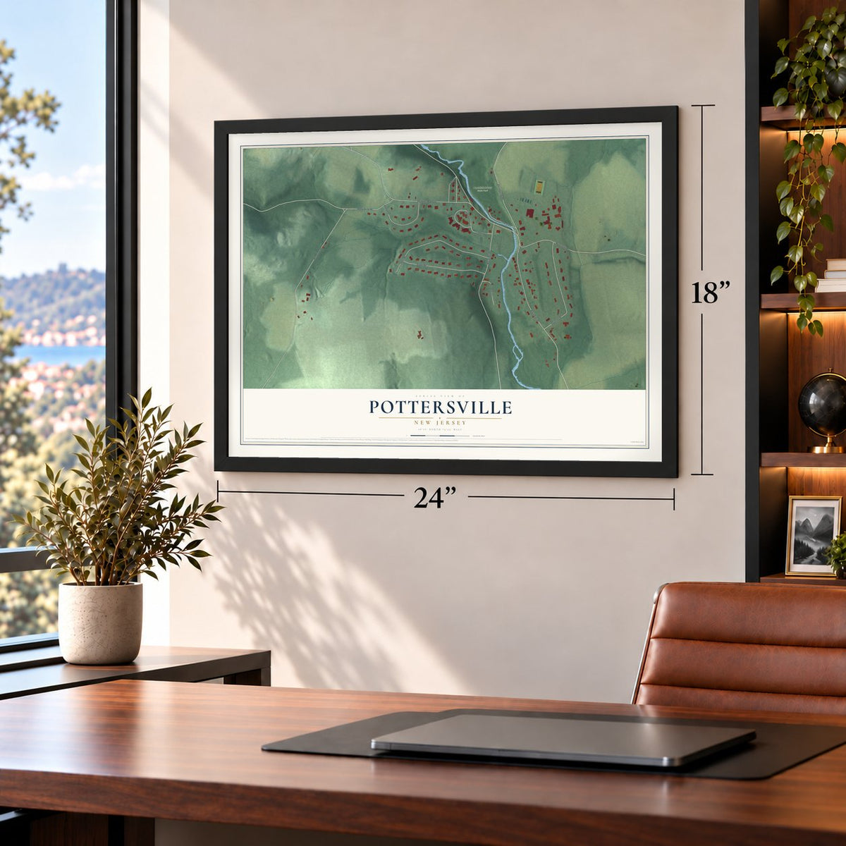 Pottersville, New Jersey map, 18 x 24 inch print in a black frame in a home office