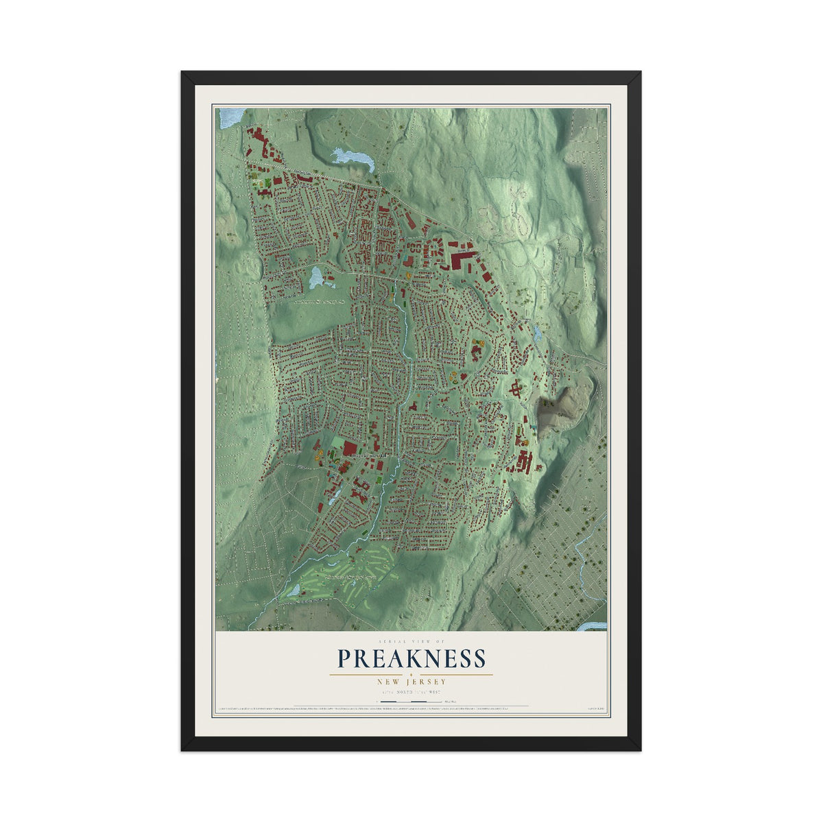 Preakness, New Jersey map print, 12" x 18" W/ Black Ayous Wood Frame mockup