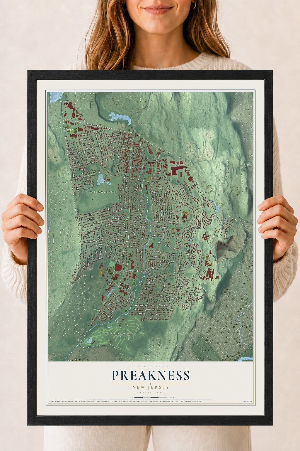 Preakness, New Jersey map print, 18" x 24" W/ Black Ayous Wood Frame mockup