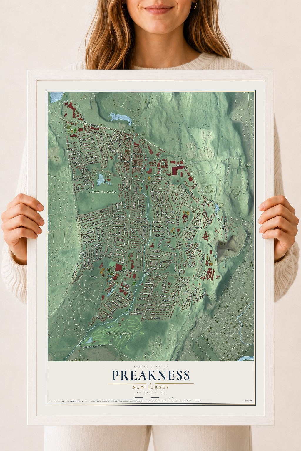Preakness, New Jersey map print, 18" x 24" W/ White Ayous Wood Frame mockup