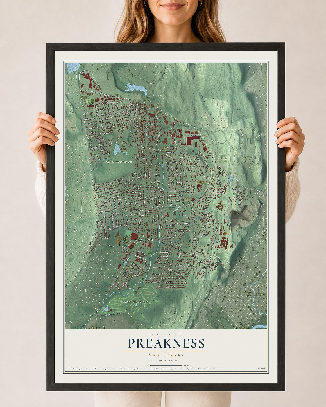 Preakness, New Jersey map print, 24" x 36" W/ Black Ayous Wood Frame mockup
