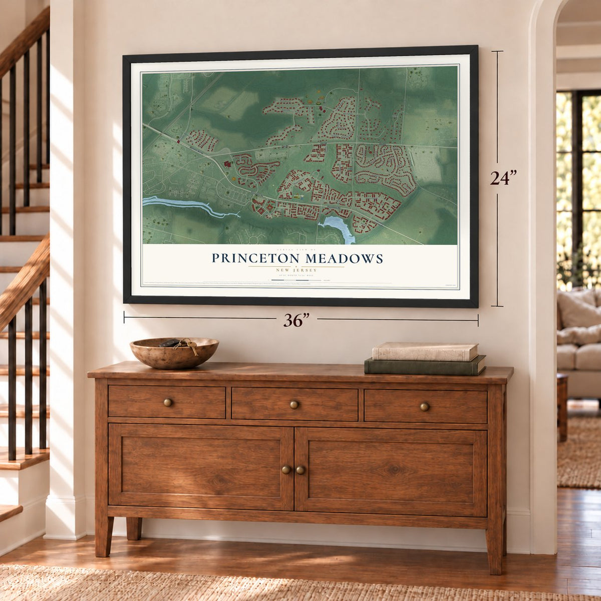 Princeton Meadows, New Jersey map, 24 x 36 inch print in a black frame above a dresser by a staircase