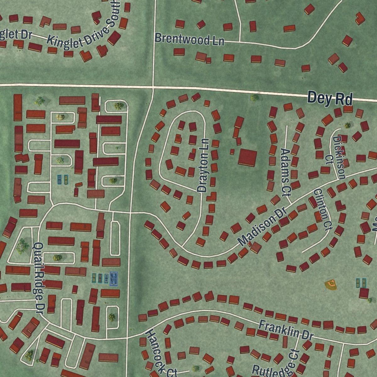 Close-up of the map of Princeton Meadows, New Jersey print showing street and building detail