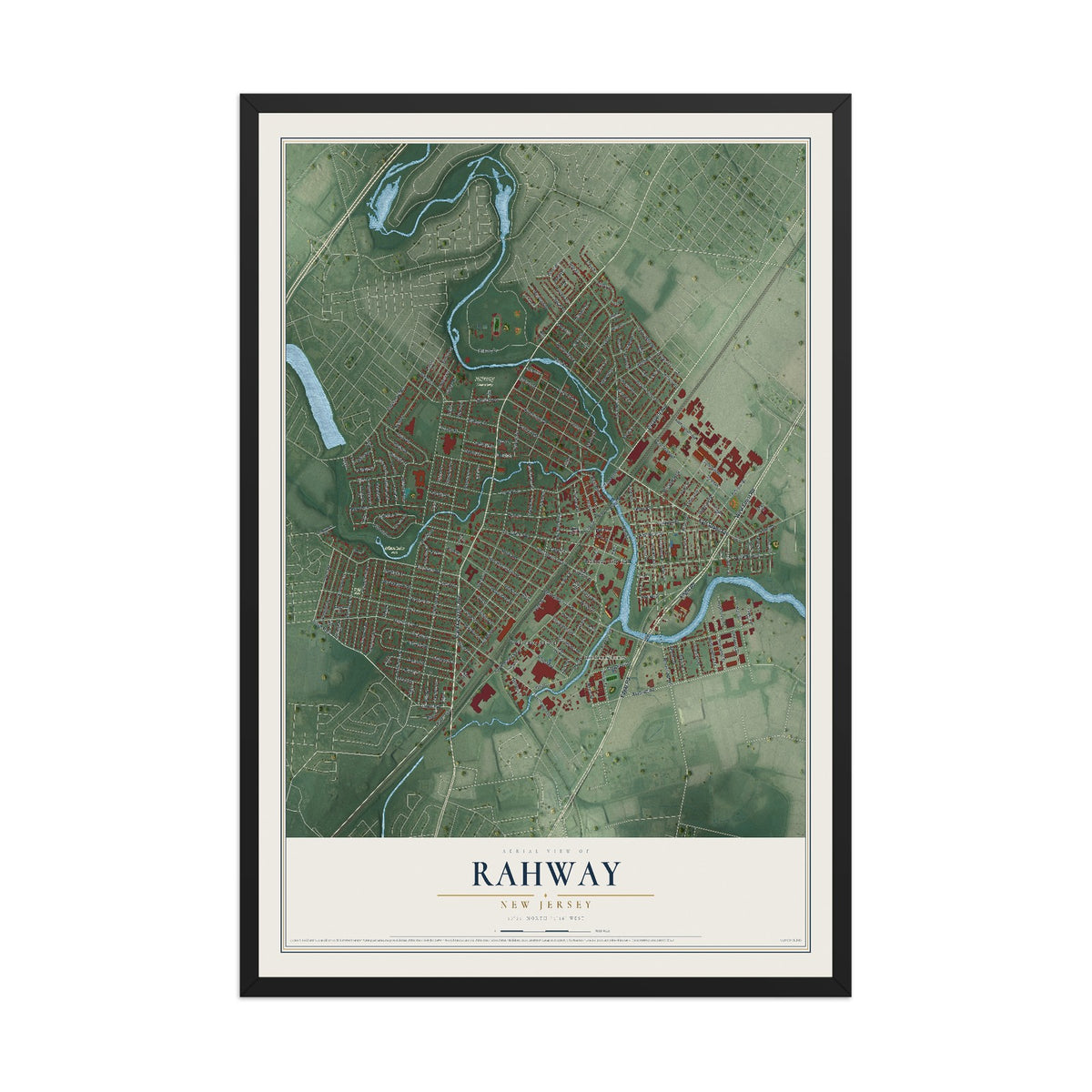Rahway, New Jersey map print, 12" x 18" W/ Black Ayous Wood Frame mockup