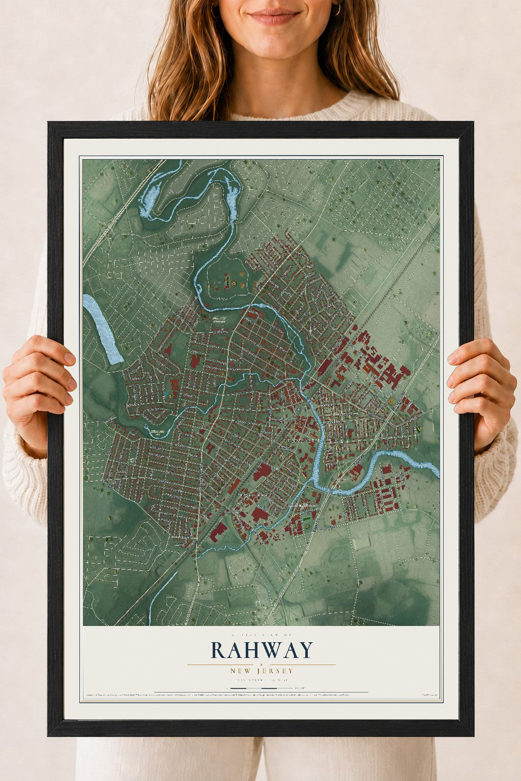 Rahway, New Jersey map print, 18" x 24" W/ Black Ayous Wood Frame mockup