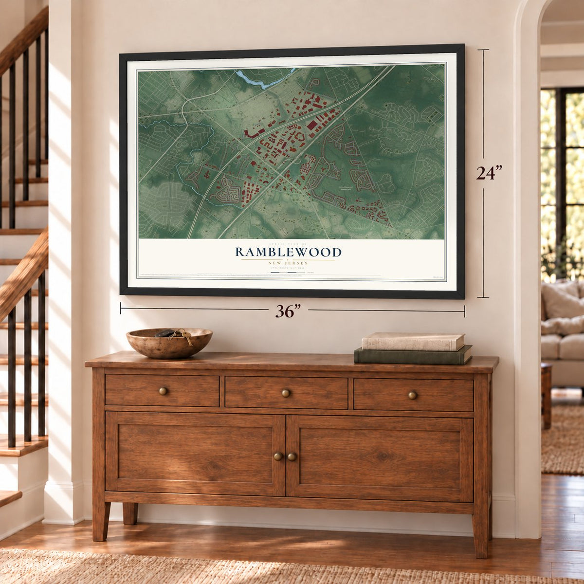 Ramblewood, New Jersey map, 24 x 36 inch print in a black frame above a dresser by a staircase