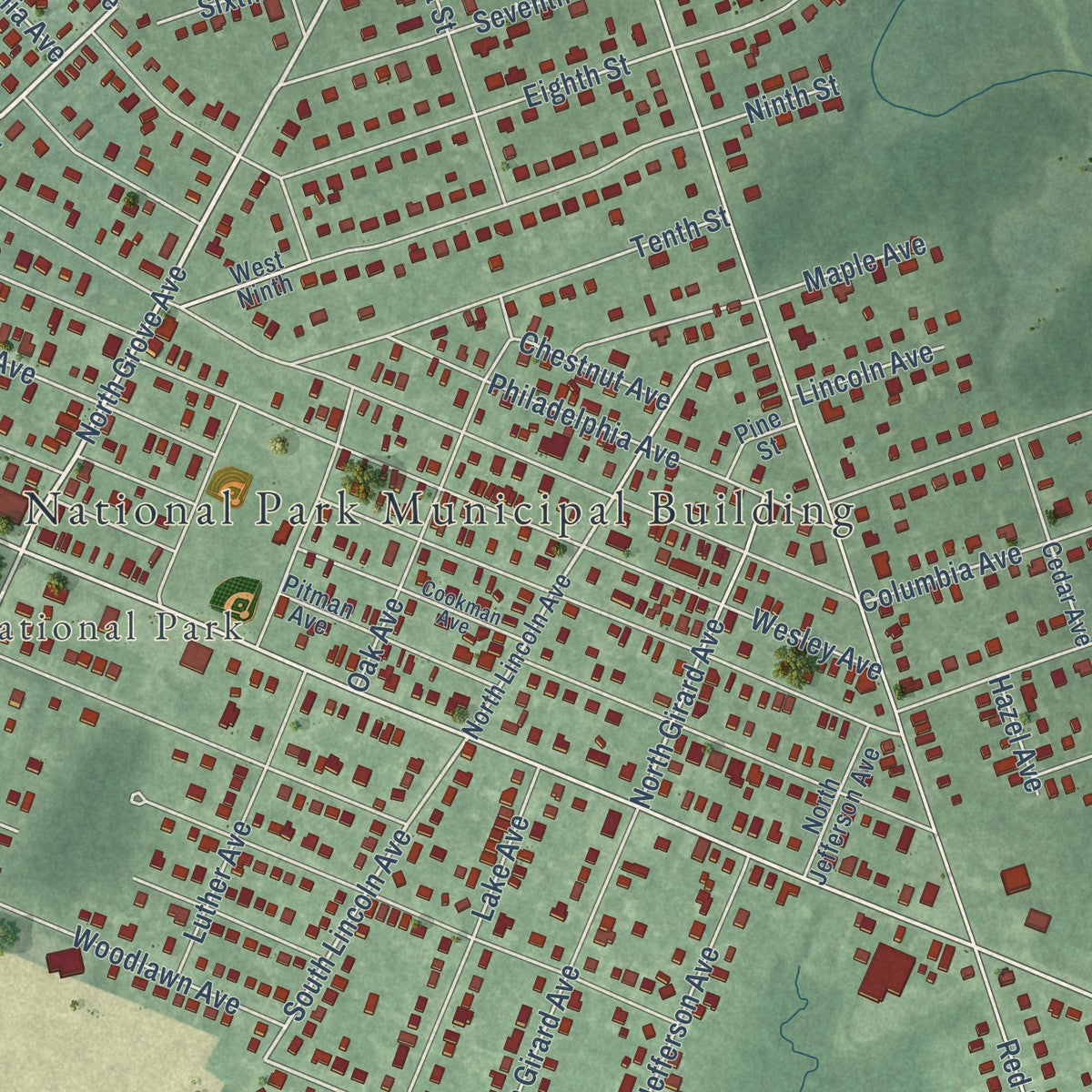 Close-up of the map of Red Bank, Gloucester County, New Jersey print showing street and building detail