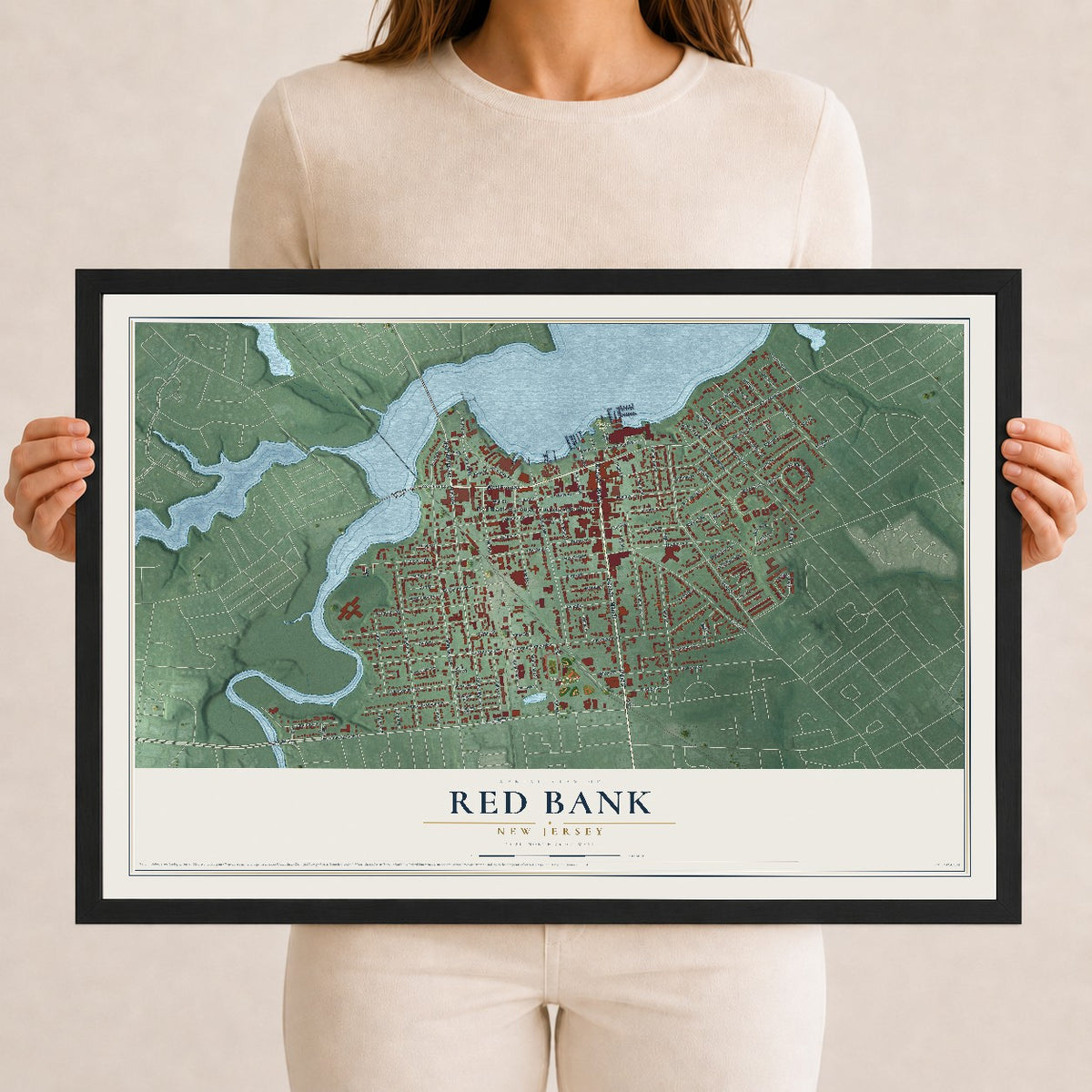 Red Bank, New Jersey map print, 12" x 18" W/ Black Ayous Wood Frame mockup