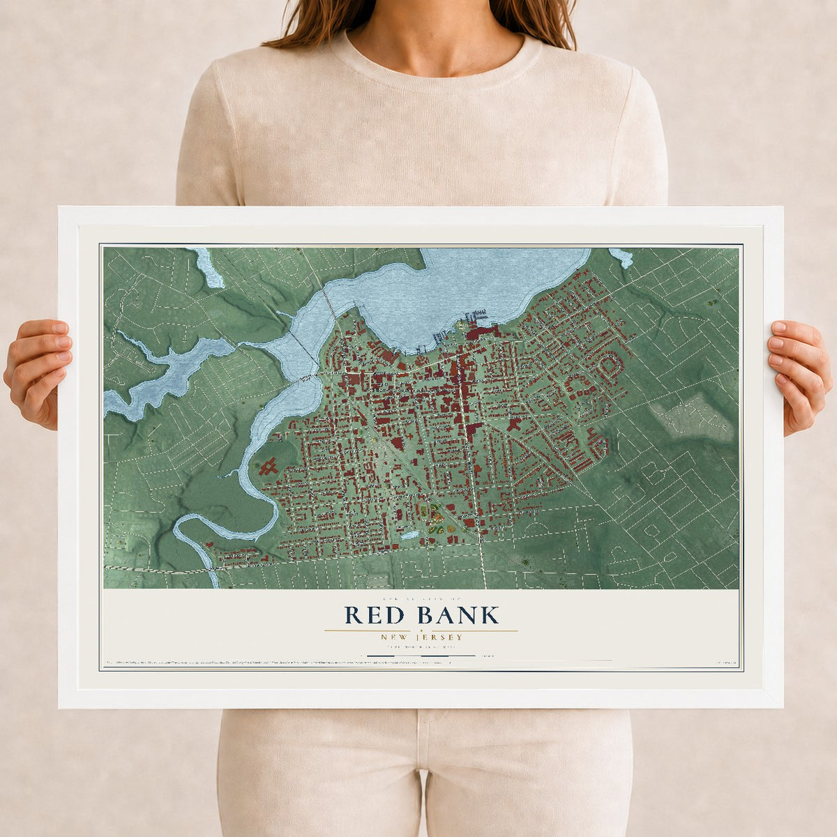Red Bank, New Jersey map print, 12" x 18" W/ White Ayous Wood Frame mockup