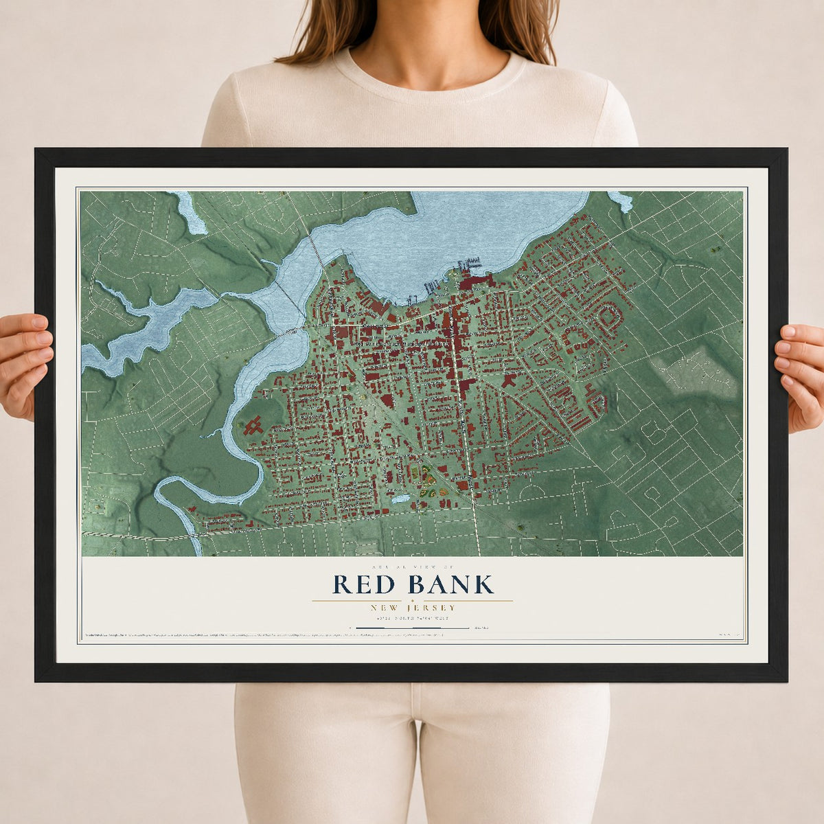 Red Bank, New Jersey map print, 18" x 24" W/ Black Ayous Wood Frame mockup