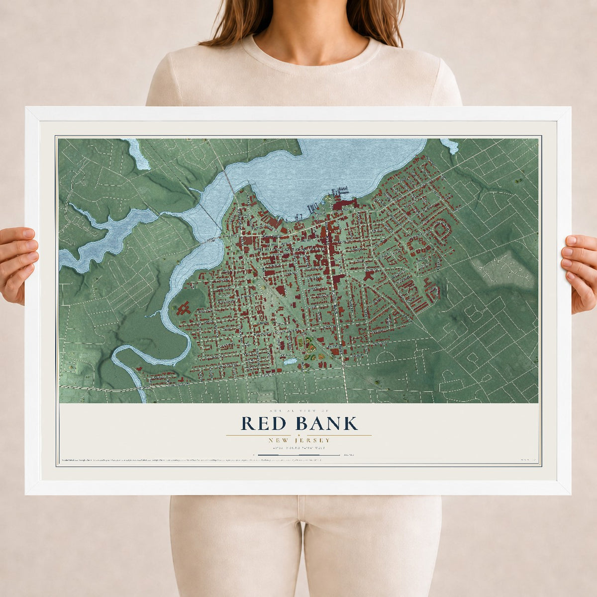 Red Bank, New Jersey map print, 18" x 24" W/ White Ayous Wood Frame mockup