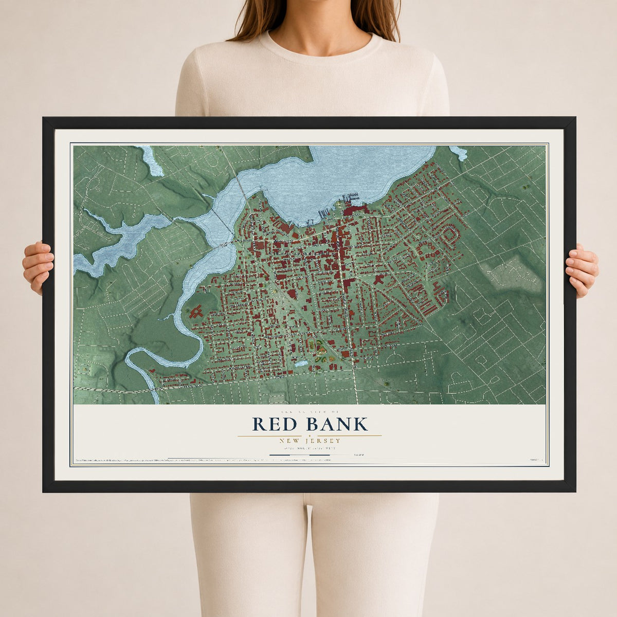 Red Bank, New Jersey map print, 24" x 36" W/ Black Ayous Wood Frame mockup