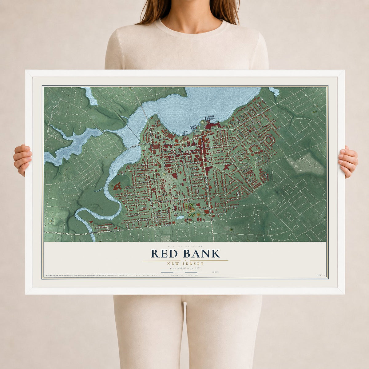 Red Bank, New Jersey map print, 24" x 36" W/ White Ayous Wood Frame mockup