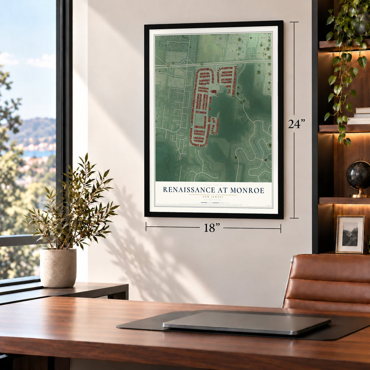 Renaissance at Monroe, New Jersey map, 18 x 24 inch print in a black frame in a home office