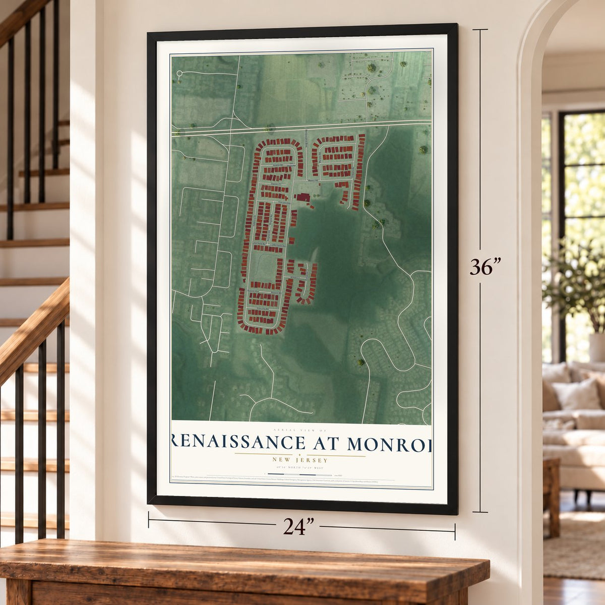 Renaissance at Monroe, New Jersey map, 24 x 36 inch print in a black frame by a staircase
