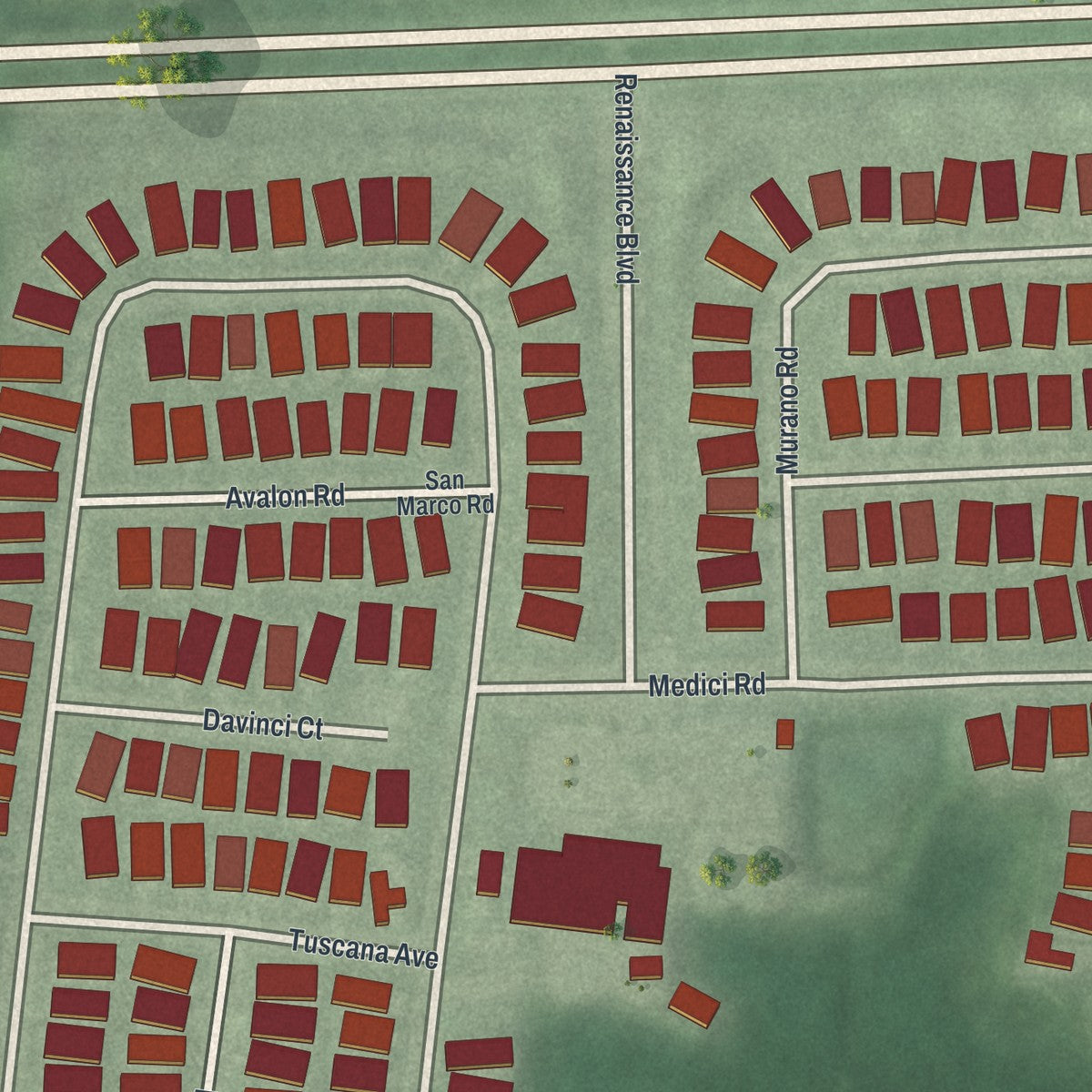Close-up of the map of Renaissance at Monroe, New Jersey print showing street and building detail