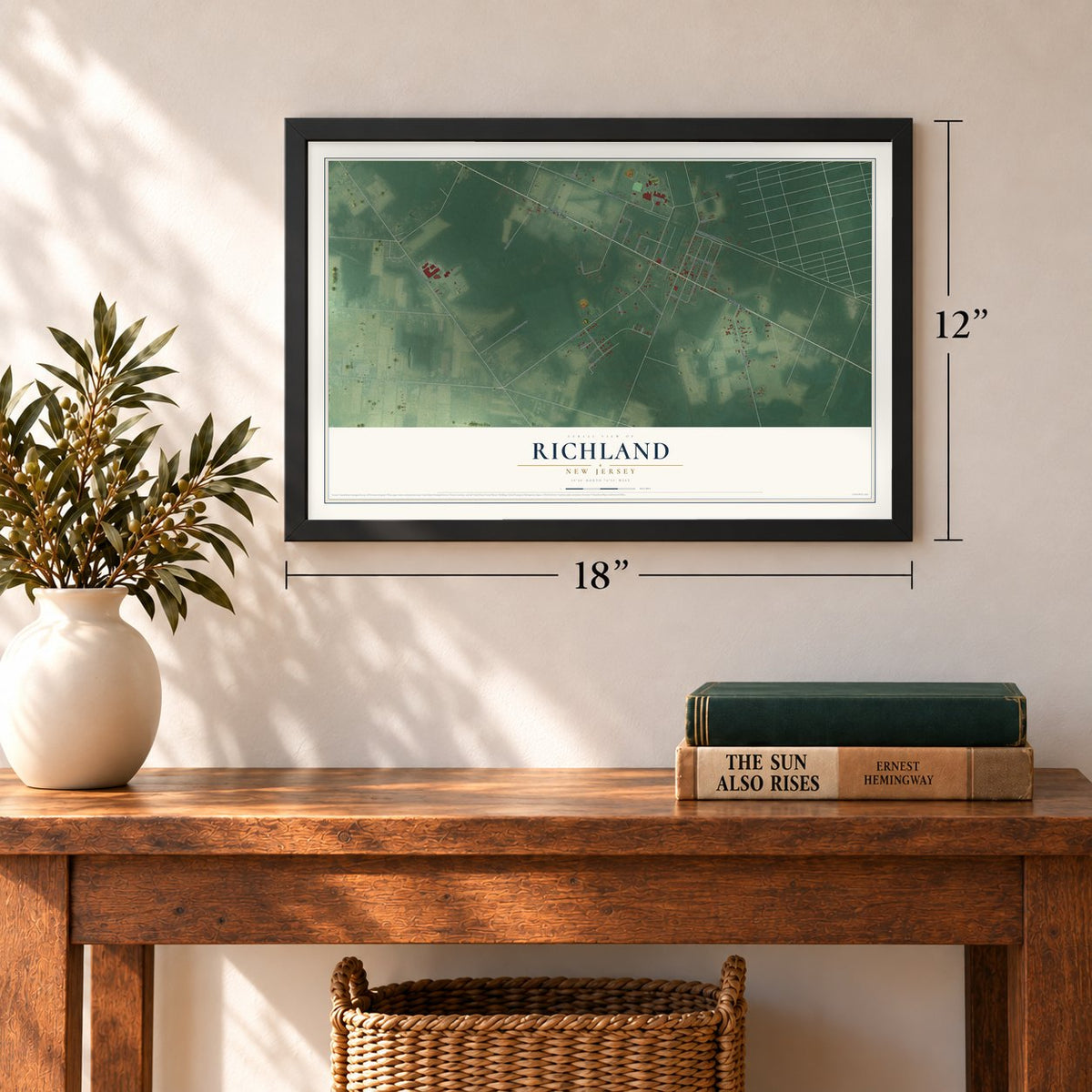 Richland, New Jersey map, 12 x 18 inch print in a black frame in an entryway