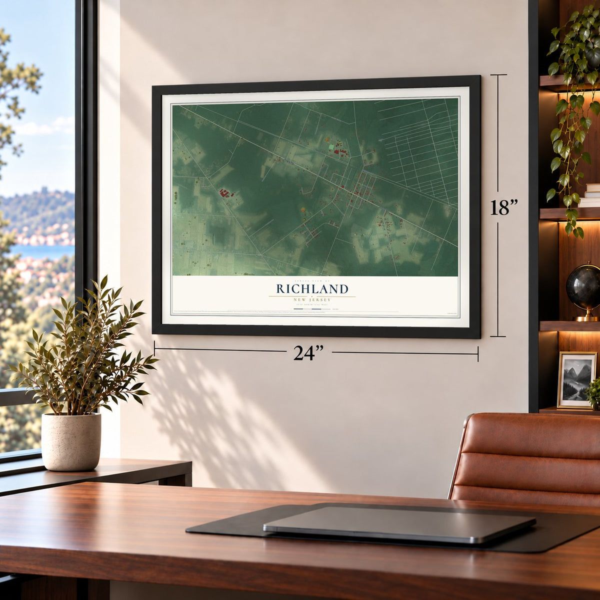Richland, New Jersey map, 18 x 24 inch print in a black frame in a home office