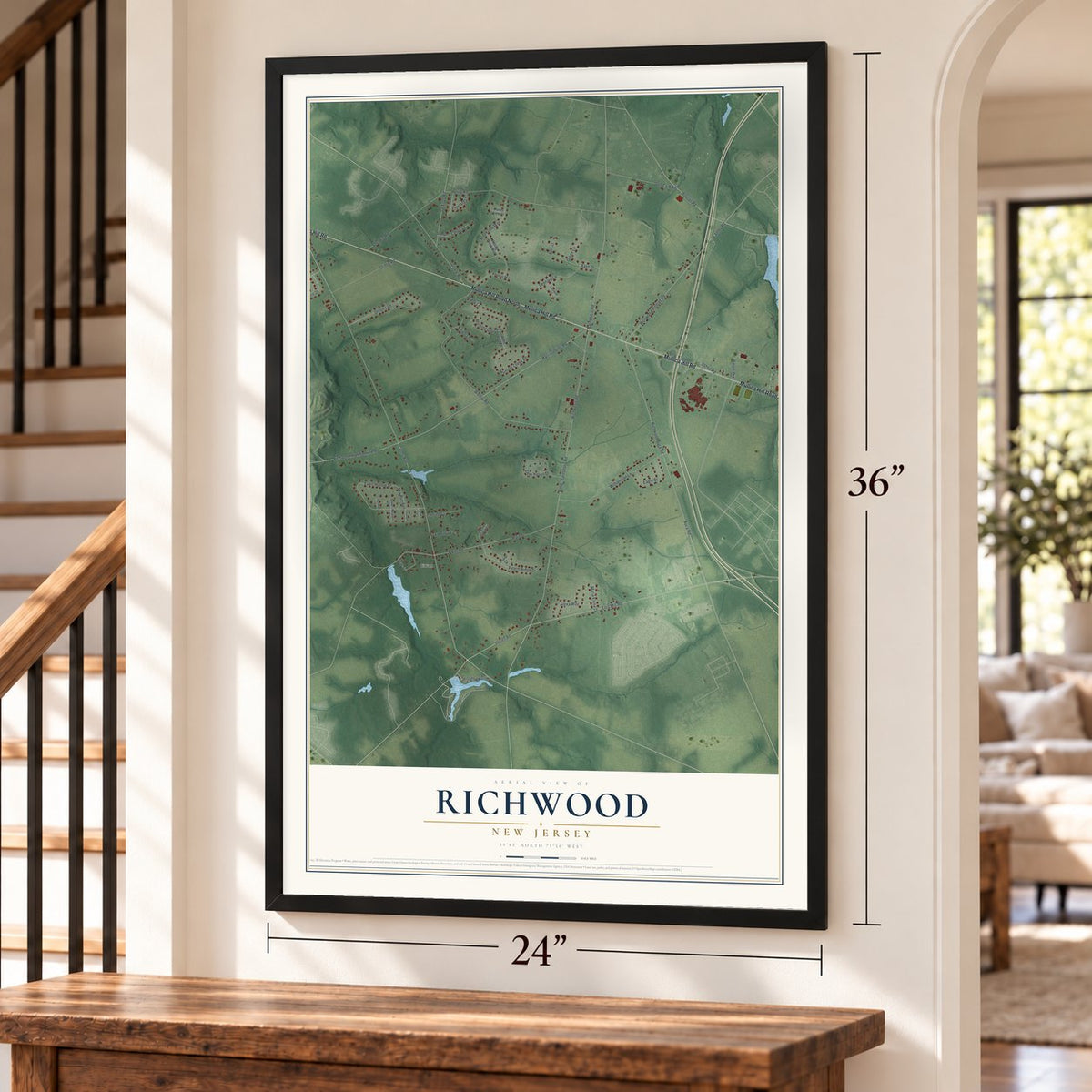 Richwood, New Jersey map, 24 x 36 inch print in a black frame by a staircase