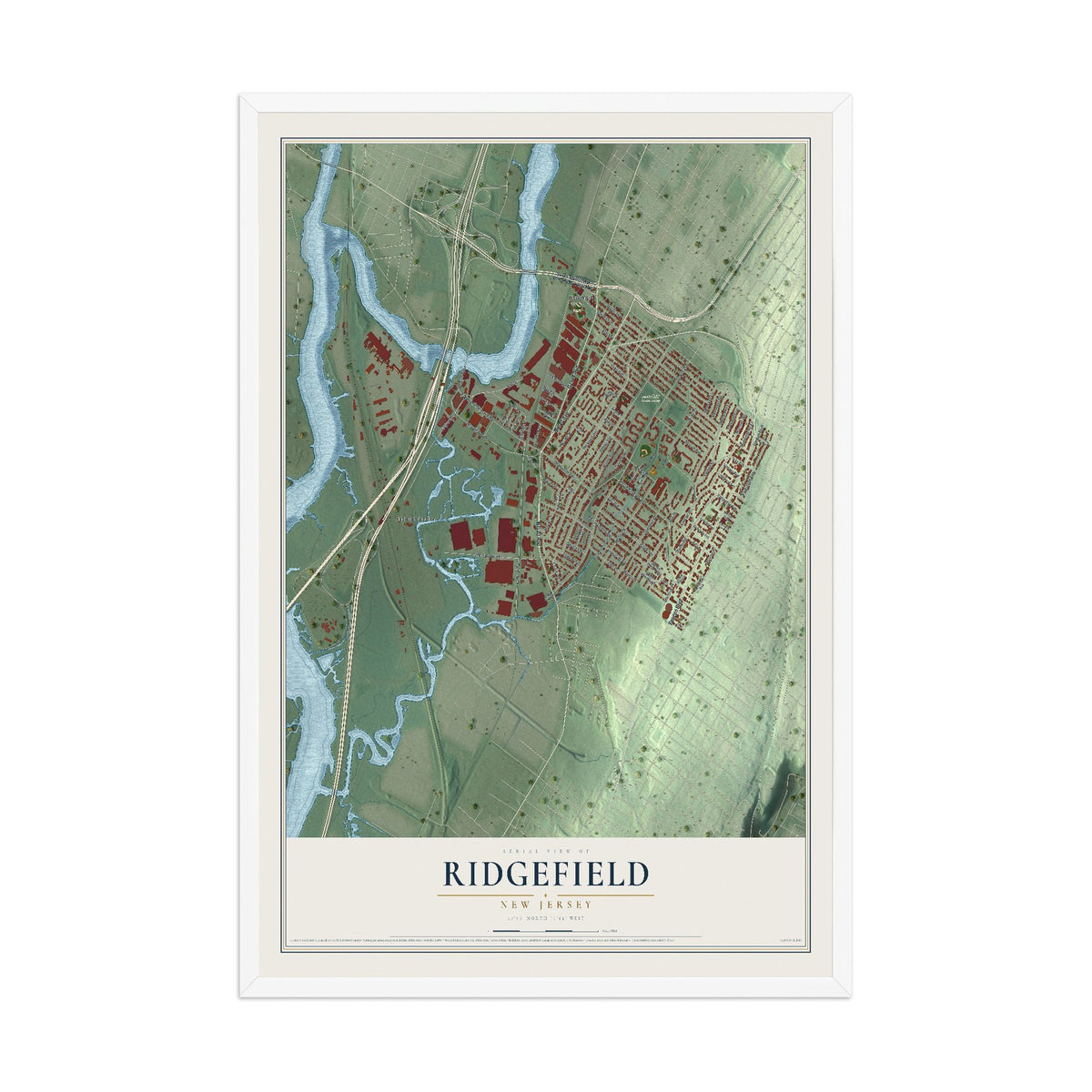 Ridgefield, New Jersey map print, 12" x 18" W/ White Ayous Wood Frame mockup