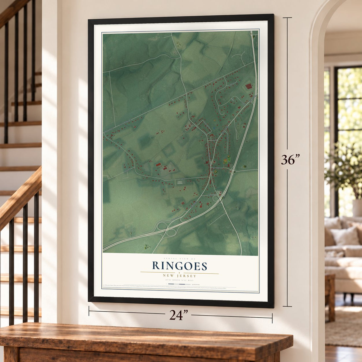 Ringoes, New Jersey map, 24 x 36 inch print in a black frame by a staircase