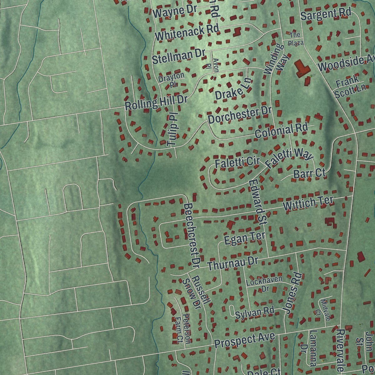 Close-up of the map of River Vale, New Jersey print showing street and building detail