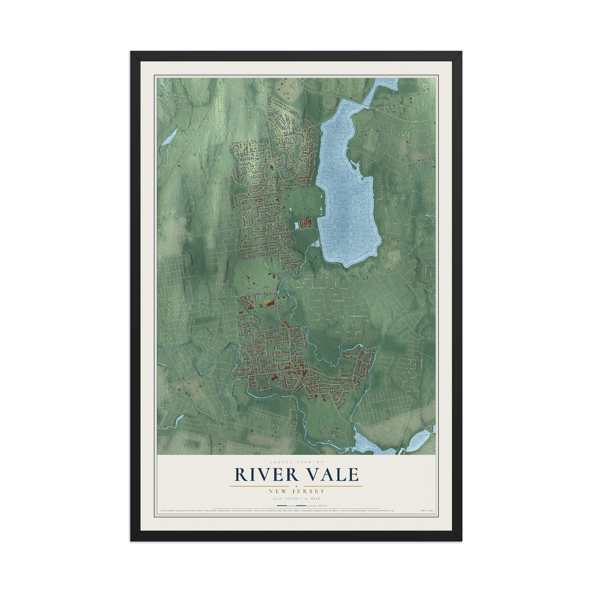 Map of River Vale, New Jersey, 12 x 18 inch print in a black wood frame