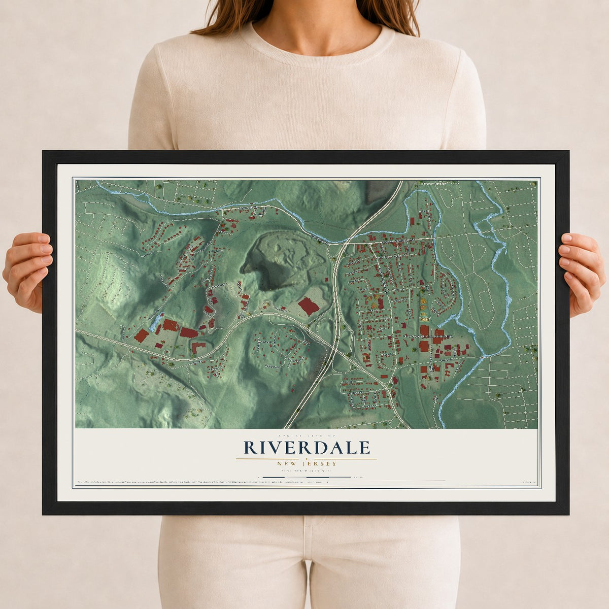 Riverdale, New Jersey map print, 12" x 18" W/ Black Ayous Wood Frame mockup