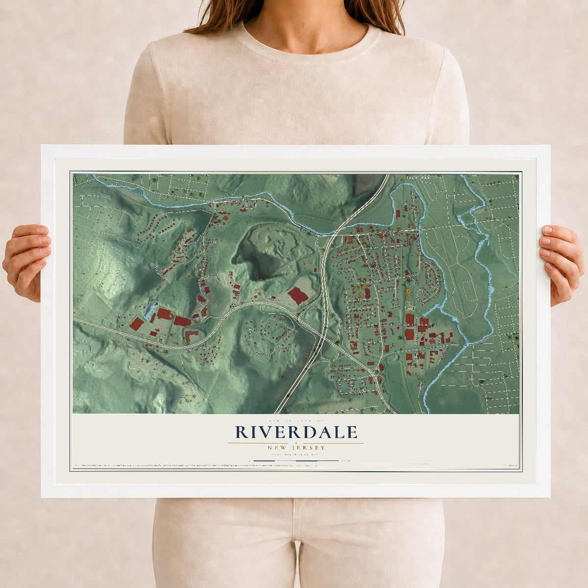 Riverdale, New Jersey map print, 12" x 18" W/ White Ayous Wood Frame mockup