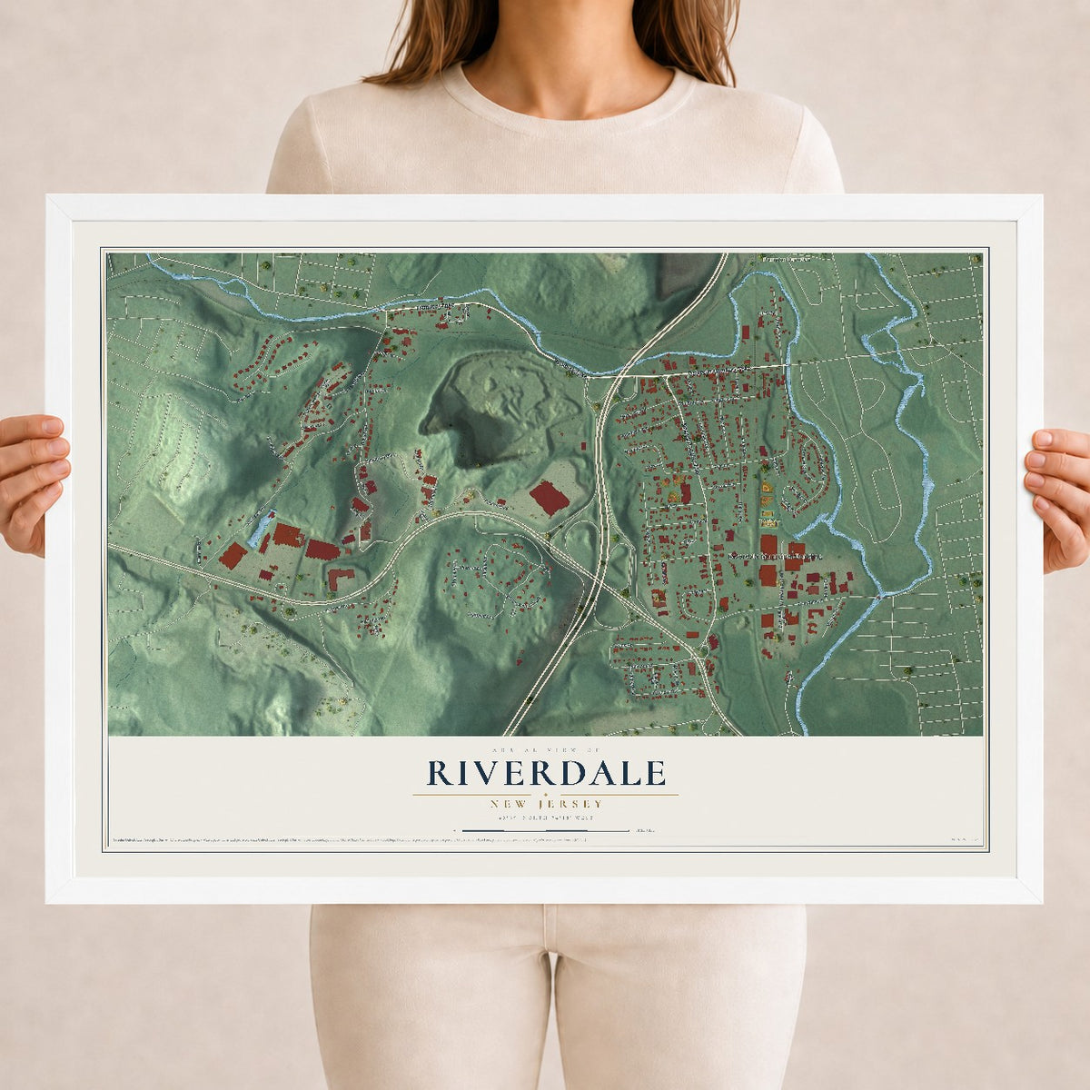 Riverdale, New Jersey map print, 18" x 24" W/ White Ayous Wood Frame mockup