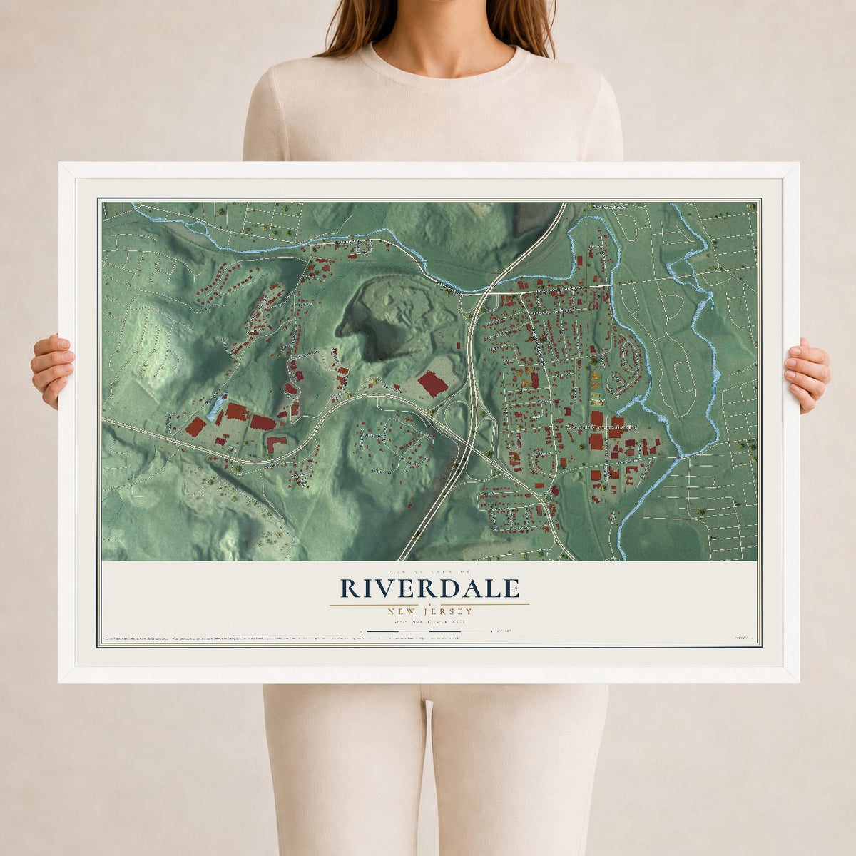 Riverdale, New Jersey map print, 24" x 36" W/ White Ayous Wood Frame mockup