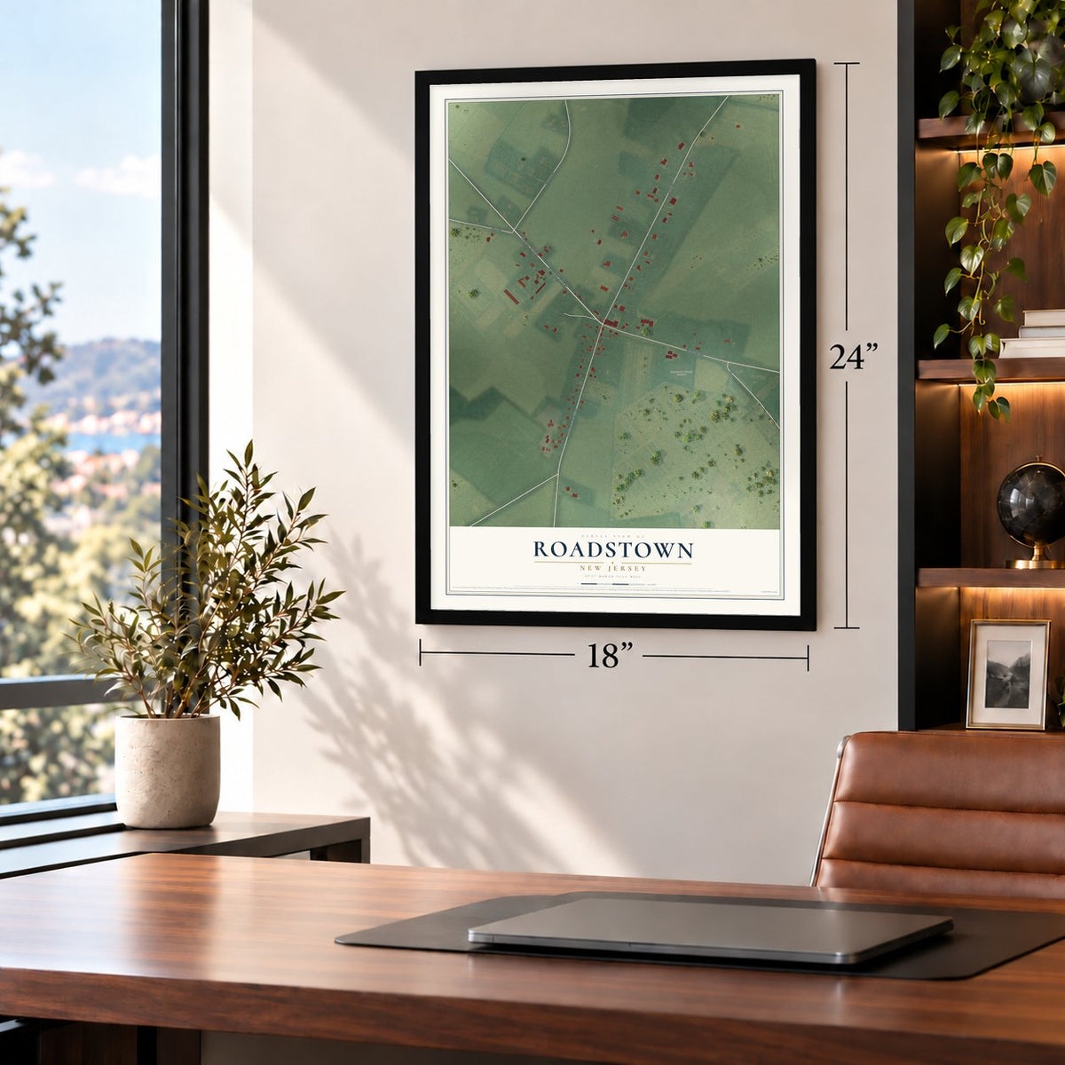 Roadstown, New Jersey map, 18 x 24 inch print in a black frame in a home office