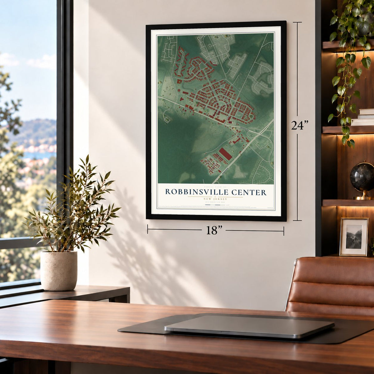 Robbinsville Center, New Jersey map, 18 x 24 inch print in a black frame in a home office