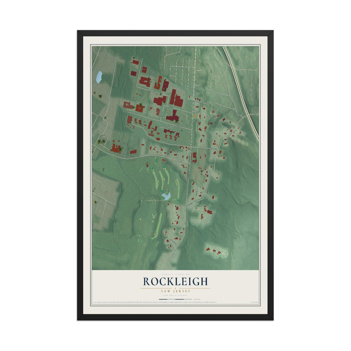 Rockleigh, New Jersey map print, 12" x 18" W/ Black Ayous Wood Frame mockup