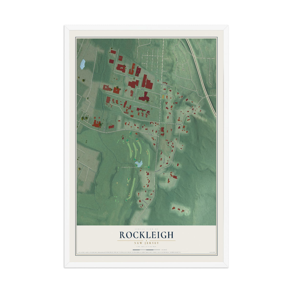 Rockleigh, New Jersey map print, 12" x 18" W/ White Ayous Wood Frame mockup