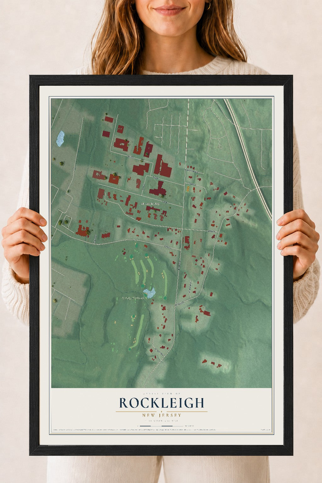 Rockleigh, New Jersey map print, 18" x 24" W/ Black Ayous Wood Frame mockup