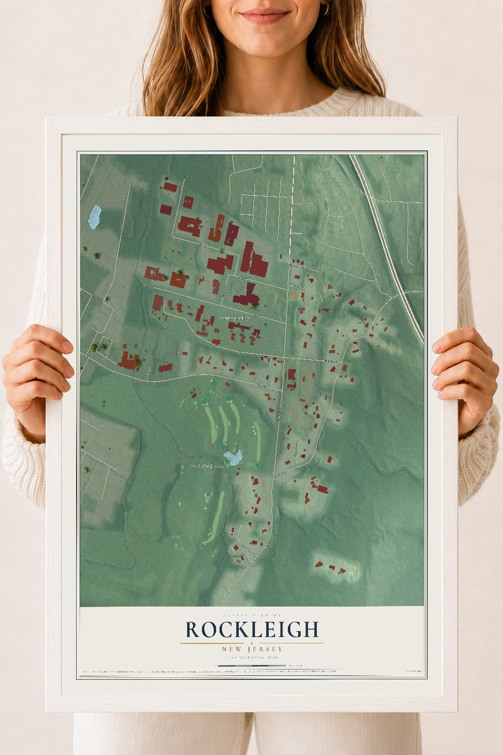 Rockleigh, New Jersey map print, 18" x 24" W/ White Ayous Wood Frame mockup
