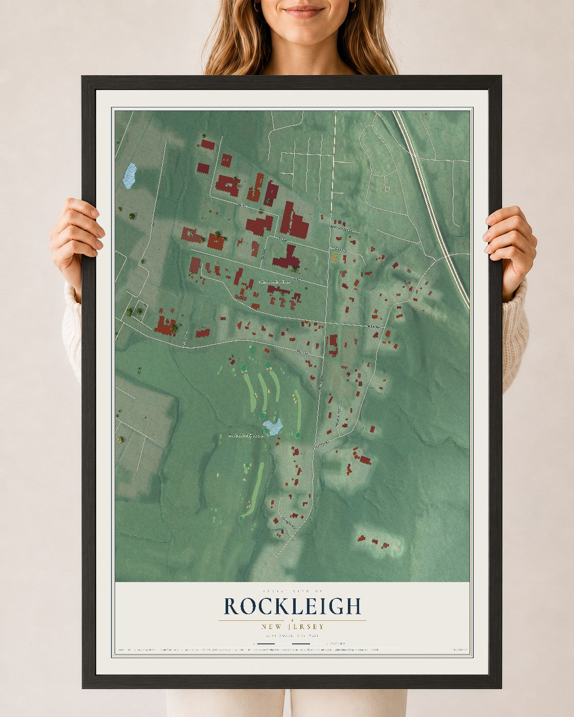 Rockleigh, New Jersey map print, 24" x 36" W/ Black Ayous Wood Frame mockup