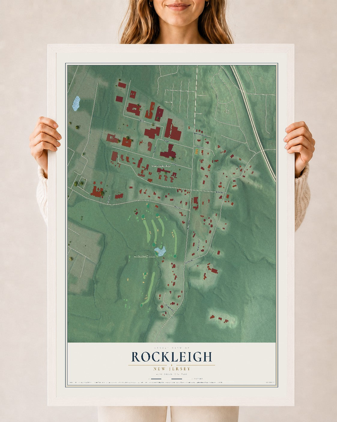 Rockleigh, New Jersey map print, 24" x 36" W/ White Ayous Wood Frame mockup