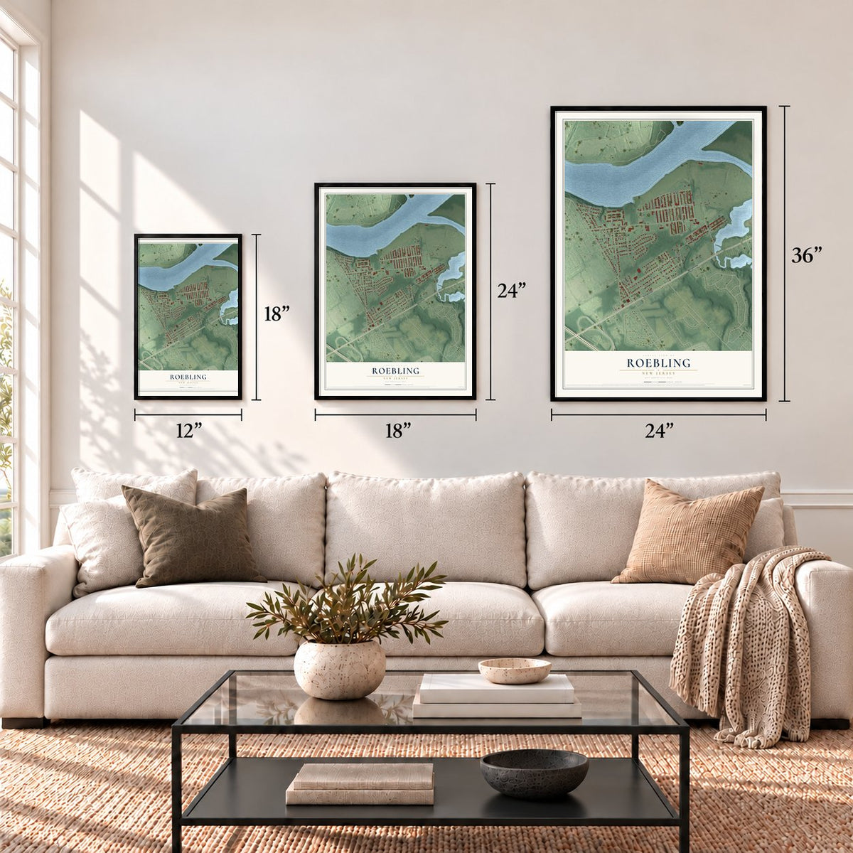 Roebling, New Jersey map in 12 x 18, 18 x 24 and 24 x 36 inch sizes above a sofa