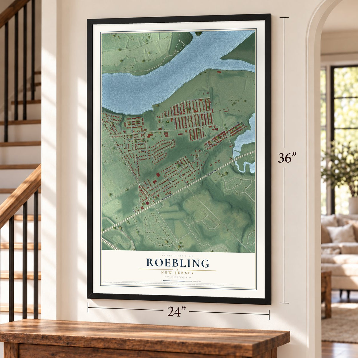 Roebling, New Jersey map, 24 x 36 inch print in a black frame by a staircase