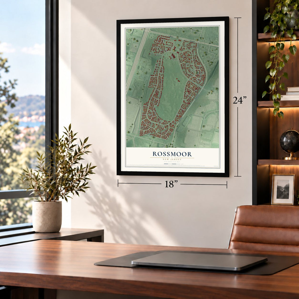 Rossmoor, New Jersey map, 18 x 24 inch print in a black frame in a home office