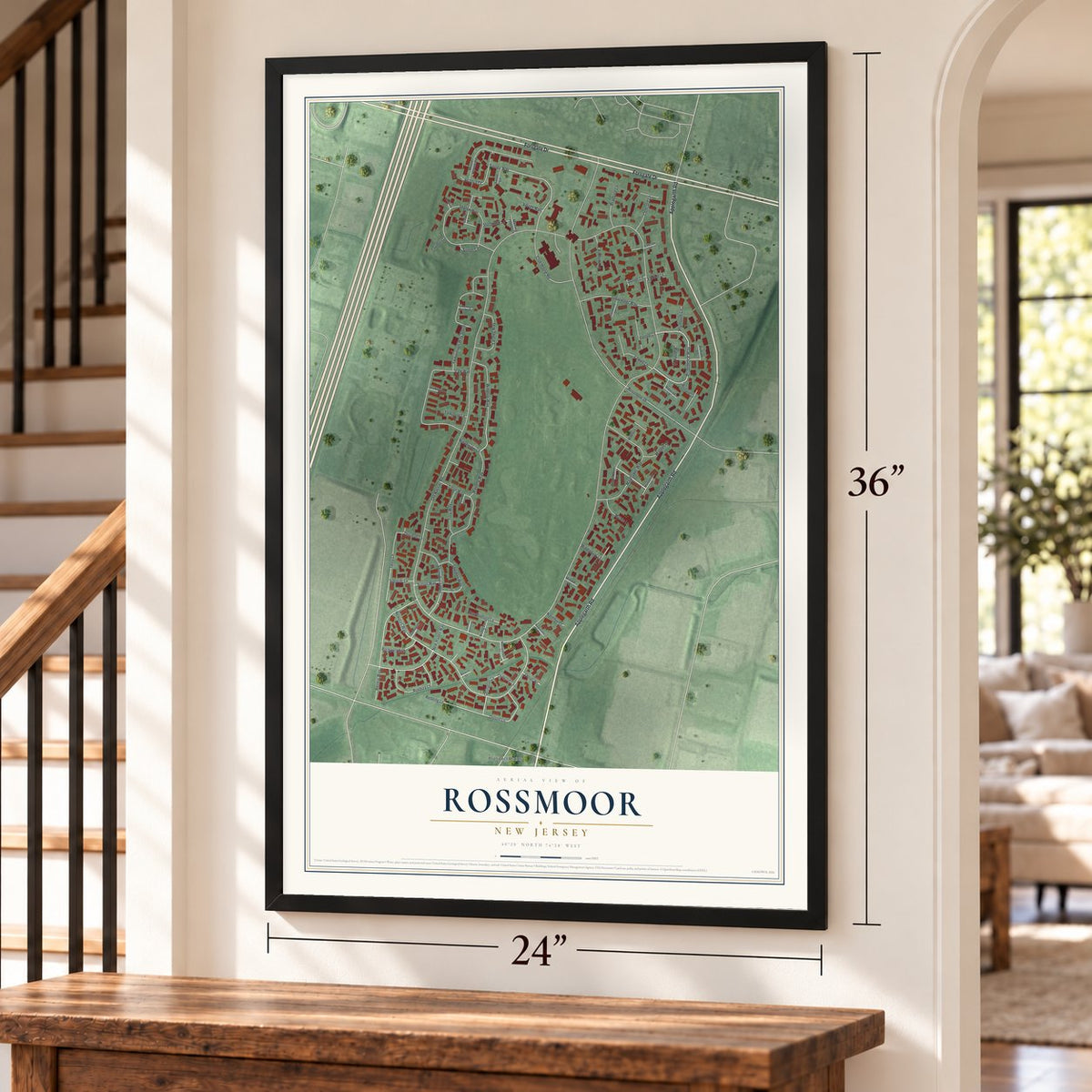 Rossmoor, New Jersey map, 24 x 36 inch print in a black frame by a staircase